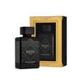 Lattafa Bade'e Al Oud Black Exposed — Black perfume bottle with ornate black label featuring Arabic script and gold accents, on a white background.