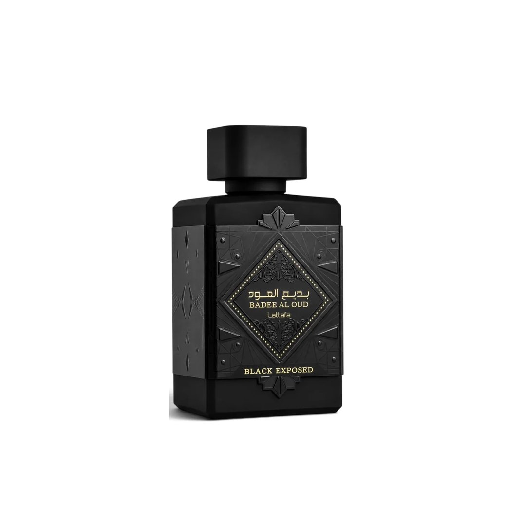 Lattafa Bade'e Al Oud Black Exposed — Black perfume bottle with ornate geometric detailing and gold text on a white background.