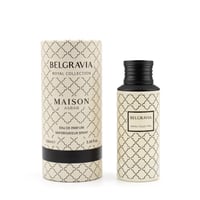 Maison Asrar Belgravia Eau de Parfum — A cylindrical patterned box and a matching perfume bottle with a black cap, presented on a white background.