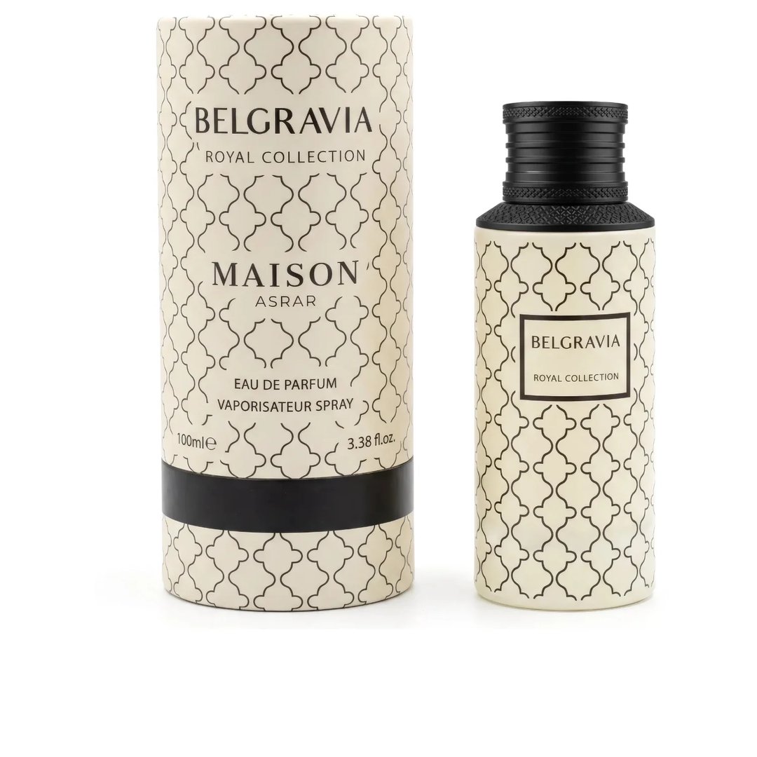 Maison Asrar Belgravia Eau de Parfum — Kotak silinder dan botol minyak wangi, kedua-duanya berlatar belakang kelabu dan corak geometri hitam. Kotak ada tulisan 'BELGRAVIA ROYAL COLLECTION' dan 'MAISON ASRAR'. Botol ada penutup hitam dan label 'BELGRAVIA ROYAL COLLECTION'.