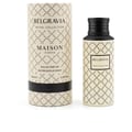 Maison Asrar Belgravia Eau de Parfum — Kotak silinder dan botol minyak wangi, kedua-duanya berlatar belakang kelabu dan corak geometri hitam. Kotak ada tulisan 'BELGRAVIA ROYAL COLLECTION' dan 'MAISON ASRAR'. Botol ada penutup hitam dan label 'BELGRAVIA ROYAL COLLECTION'.