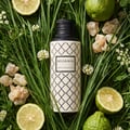 Maison Asrar Belgravia by Maison Asrar Eau de Parfum — Botol bertutup hitam dan badan putih bermotif, dikelilingi rumput, hirisan limau, limau utuh, dan ketulan resin berwarna ambar.