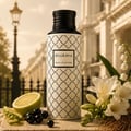 Maison Asrar Belgravia by Maison Asrar Eau de Parfum — Botol corak geometri hitam putih, penutup hitam, bersama hirisan lemon, buah beri hitam, dan bunga putih di latar depan, serta lampu jalan dan bangunan di latar belakang.