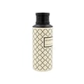 Maison Asrar Belgravia by Maison Asrar Eau de Parfum — Botol minyak wangi tinggi berbentuk silinder dengan badan berwarna krim yang mempunyai corak geometri berulang dalam warna hitam. Ia mempunyai penutup hitam bertekstur dan label bertulis 'BELGRAVIA ROYAL COLLECTION'.