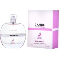 Maison Alhambra Chants Tenderina — Clear glass perfume bottle with a clear faceted cap, next to its white and pink box. The box features a deer logo and text.