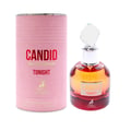 Maison Alhambra Candid Tonight Eau de Parfum — A pink cylindrical box with gold deer logo stands next to a clear glass perfume bottle with amber and red liquid, topped with a faceted crystal stopper. | Maison Alhambra Candid Tonight Eau de Parfum — Kotak silinder merah jambu dengan logo rusa emas berdiri di sebelah