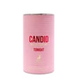 Maison Alhambra Candid Tonight — Pink cylindrical perfume packaging with "CANDID" and "TONIGHT" in red text, a deer logo, and text "EAU DE PARFUM" and "MAISON ALHAMBRA" | Pekan minyak wangi silinder merah jambu dengan teks "CANDID" dan "TONIGHT" dalam warna merah, logo rusa, dan teks "EAU DE PARFUM" dan "MAISON