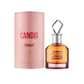 Maison Alhambra Candid Tonight — A pink cylindrical box and a glass perfume bottle with an amber liquid and a faceted silver cap, displayed side-by-side against a white background. | Maison Alhambra Candid Tonight — Kotak silinder merah jambu dan botol minyak wangi kaca dengan cecair ambar dan penutup perak berfacets