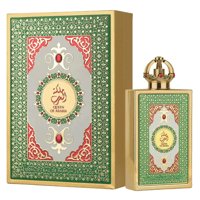Lattafa Pride Queen Of Arabia by Lattafa Pride 100ml EDP — Gold perfume bottle with crown cap and matching gift box, both decorated with intricate green and red Arabic patterns and gemstones.