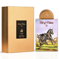 Lattafa Pride Art of Nature II Horse by Lattafa Pride 100ml EDP — Gold presentation box with a black label and a perfume bottle featuring a metallic horse and foal illustration on a landscape background.