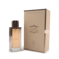 Lattafa The Kingdom Women by Lattafa 100ml EDP — Glass perfume bottle with gold ribbed cap and ribbed metallic accents, next to its gold textured box with embossed Arabic script and 'THE KINGDOM' text.