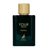 Maison Alhambra Your Touch Santal by Maison Alhambra 100ml EDP — Botol minyak wangi kaca hijau gelap dengan penutup emas berjalur, tertulis teks emas 'YOUR TOUCH SANTAL' dan siluet rusa emas di atas 'MAISON ALHAMBRA'.