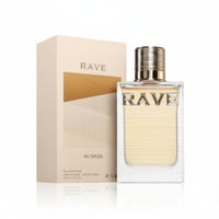 Rave Au Soleil by Rave 100ml EDP — A clear glass perfume bottle with a gold ribbed cap, filled with pale yellow liquid, stands next to its cream-colored box with a geometric gold design.