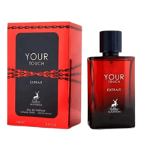 Maison Alhambra Your Touch Extrait — Red and black packaging box and red glass perfume bottle with black cap, featuring deer logo and text.