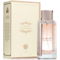 Lattafa The Kingdom Women by Lattafa 100ml EDP — A cream-colored box with Arabic and English text stands next to a tall, ribbed rose-gold and clear glass perfume bottle.