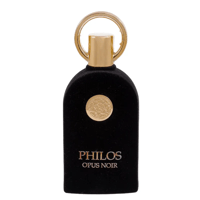 Maison Alhambra Philos Opus Noir by Maison Alhambra 100ml EDP — Black velvet bottle with gold accents, circular emblem, and gold ring cap.