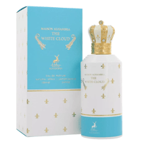 Maison Alhambra The White Cloud — White perfume bottle with a gold crown-shaped cap, presented next to its light blue and white patterned box.