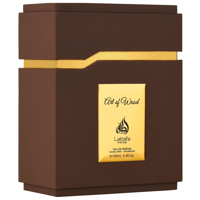 Lattafa Pride Art of Wood — Brown fragrance box with gold accent band and a gold label featuring the Lattafa logo and product details.