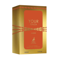 Maison Alhambra Your Touch Amber by Maison Alhambra 100ml — Gold box with orange panel featuring 'YOUR TOUCH AMBER' text and a deer logo, accented with zipper-like gold chain design.