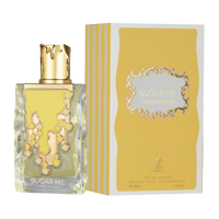 Maison Alhambra Sugar Me Creme Brulee — Rectangular glass perfume bottle with gold decorative accents and a gold cap, next to its yellow and white striped box.