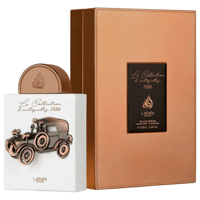Lattafa Pride La Collection 1886 (Car) — White perfume bottle with a vintage car emblem and a copper cap, next to a copper presentation box.
