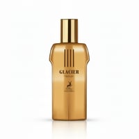 Maison Alhambra Glacier Gold by Maison Alhambra 100ml EDP — Botol minyak wangi emas berkilat dengan penutup emas, ada garisan menegak dan logo siluet rusa.