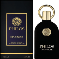 Maison Alhambra Philos Opus Noir by Maison Alhambra 100ml EDP — Black velvet perfume bottle with gold ring cap and circular emblem, next to its black and gold box.