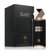 Lattafa Mashrabya by Lattafa 100ml EDP — Kotak dan botol hitam bertekstur dengan perincian emas, menampilkan corak geometri rumit dan tulisan Arab.