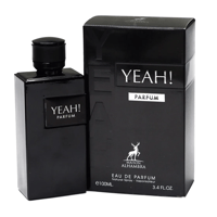 Maison Alhambra Yeah! Parfum Man — Black perfume bottle with a black cap and a silver label reading 'YEAH! PARFUM', placed next to its black product box with 'YEAH!' embossed and a deer logo.