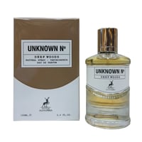 Maison Alhambra Unknown No Deep Woods — Box and bottle of amber-colored eau de parfum with gold cap, white label with deer logo, set against a white background.