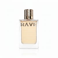 Rave Au Soleil by Rave 100ml EDP — Clear glass perfume bottle with a ribbed gold cap, showing pale yellow liquid inside. The word 'RAVE' is embossed on the front.