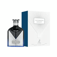 Maison Alhambra Victorioso Legacy — Black glass perfume bottle with silver accents and blue gradient, next to its white and blue presentation box with sunburst design.