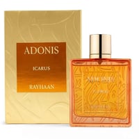 Rayhaan Adonis Icarus Perfume — A golden box with embossed patterns stands next to a square, amber-colored perfume bottle with a gold cap. The bottle has intricate raised patterns and text. | Rayhaan Adonis Icarus Perfume — Kotak emas dengan corak timbul berdiri di sebelah botol minyak wangi berbentuk segi empat