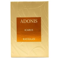 Rayhaan Adonis Icarus Rayhaan Perfume 100ml — A gold embossed box with a rectangular orange label featuring the text "ADONIS", "ICARUS", and "RAYHAAN" in gold lettering. | Rayhaan Adonis Icarus Rayhaan Perfume 100ml — Kotak bertekstur emas dengan label segi empat berwarna jingga yang memaparkan tulisan "ADONIS"