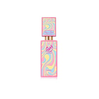 Lattafa Ajwad Pink 2 Pink Creamy Elixir — A tall, rectangular perfume bottle with a colorful, swirled pattern of pink, yellow, and blue. The cap is also decorated with the same pattern. Gold accents are visible on the neck of the bottle.