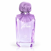 Grandeur Alice by Grandeur 100ml EDP Women — A clear purple glass perfume bottle with a ruffled purple fabric collar and a gathered purple cap, featuring the name 'Alice' in white script and the Grandeur Elite logo.
