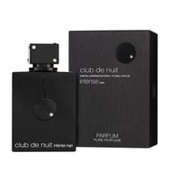 Armaf Club De Nuit Intense Man Parfum 150ml — Black perfume bottle and its matching black textured box, both with silver accents, displayed together on a white background. | Armaf Club De Nuit Intense Man Parfum 150ml — Botol minyak wangi hitam dan kotak bertekstur hitam yang sepadan, kedua-duanya dengan aksen perak