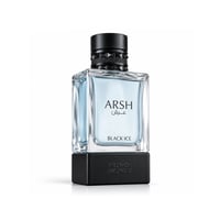 French Avenue Arsh Black Ice — Clear glass perfume bottle with light blue liquid, black studded cap, and black base with "FRENCH AVENUE" embossed.