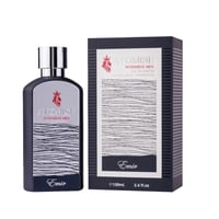 Paris Corner Atomise Intensive Men by Emir Paris Corner 100ml — A dark grey perfume bottle with a silver cap stands next to its matching dark grey box with a white label featuring a lion logo and wavy lines. | Paris Corner Atomise Intensive Men by Emir Paris Corner 100ml — Botol minyak wangi kelabu gelap dengan