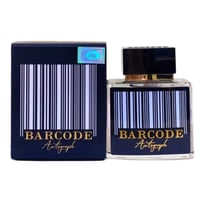 Paris Corner Autograph 100ml — A dark blue box with a barcode design and holographic sticker sits next to a clear glass perfume bottle with a similar barcode design and a black cap with gold accents. | Paris Corner Autograph 100ml — Kotak biru gelap dengan rekaan kod bar dan pelekat holografik terletak bersebelahan
