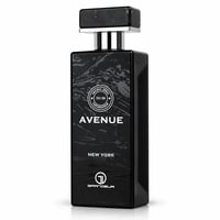 Grandeur Avenue New York 100ml EDP Men — Black textured bottle with marble-effect cap, featuring 'AVENUE NEW YORK' text and circular 'NATURAL SPRAY VAPORISATEUR NO 99' emblem.