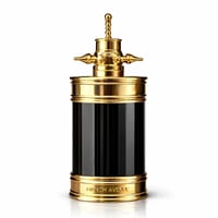 French Avenue Axis by French Avenue 100ml — A tall, cylindrical black perfume bottle with ornate gold accents on the cap and base, featuring the brand name embossed on the base. | French Avenue Axis by French Avenue 100ml — Botol minyak wangi hitam silinder tinggi dengan perincian emas yang indah pada penutup dan