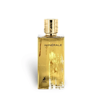 Maison Alhambra Minerale Gold by Maison Alhambra 100ml EDP — A tall, rectangular gold-colored perfume bottle with a textured gold cap, featuring the text 'MINÉRALE' and a deer logo at the bottom.