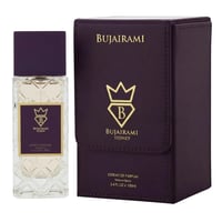 Bujairami Billion Dollar by Bujairami 100ml Extrait — Clear faceted glass perfume bottle with a purple cap and gold label, next to its matching purple presentation box with gold accents.
