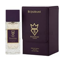 Bujairami Breathless by Bujairami 100ml Extrait — Clear glass perfume bottle with a textured diamond pattern, a deep purple cap, and a gold and purple label, next to its matching deep purple presentation box with gold branding.