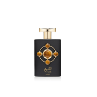 Lattafa Pride Al Qiam Gold — Black perfume bottle with gold cap and ornate amber-colored gem embellishments on the front.
