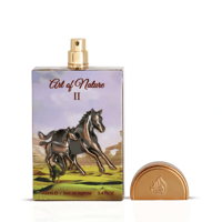Lattafa Pride Art of Nature II Horse by Lattafa Pride 100ml EDP — Rectangular perfume bottle with horse relief on desert landscape, gold cap beside it, white background