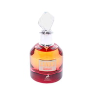 Maison Alhambra Candid Tonight — A clear glass perfume bottle with a gradient of amber to deep red liquid, topped with a faceted crystal stopper and a silver collar. A rectangular label reads "CANDID TONIGHT" with a deer logo below. | Maison Alhambra Candid Tonight — Botol kaca jernih dengan cecair gradien dari ambar