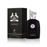 Maison Alhambra Cassius 100ml — Black perfume bottle and matching box with horse emblem, set against a white background. | Maison Alhambra Cassius 100ml — Botol minyak wangi hitam dan kotak sepadan dengan lambang kuda, diletakkan di atas latar belakang putih.