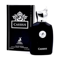 Maison Alhambra Cassius 100ml — Black perfume bottle and box set with silver accents and a deer logo, featuring the name 'Cassius' in white. | Maison Alhambra Cassius 100ml — Set botol dan kotak minyak wangi hitam dengan perincian perak dan logo rusa, memaparkan nama 'Cassius' dalam warna putih.
